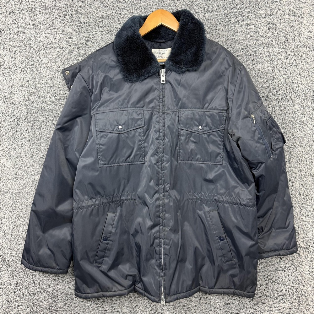 Vintage Sears Jacket Mens XL Tall Blue Hooded Parka Bomber Faux Fur Collar XLT